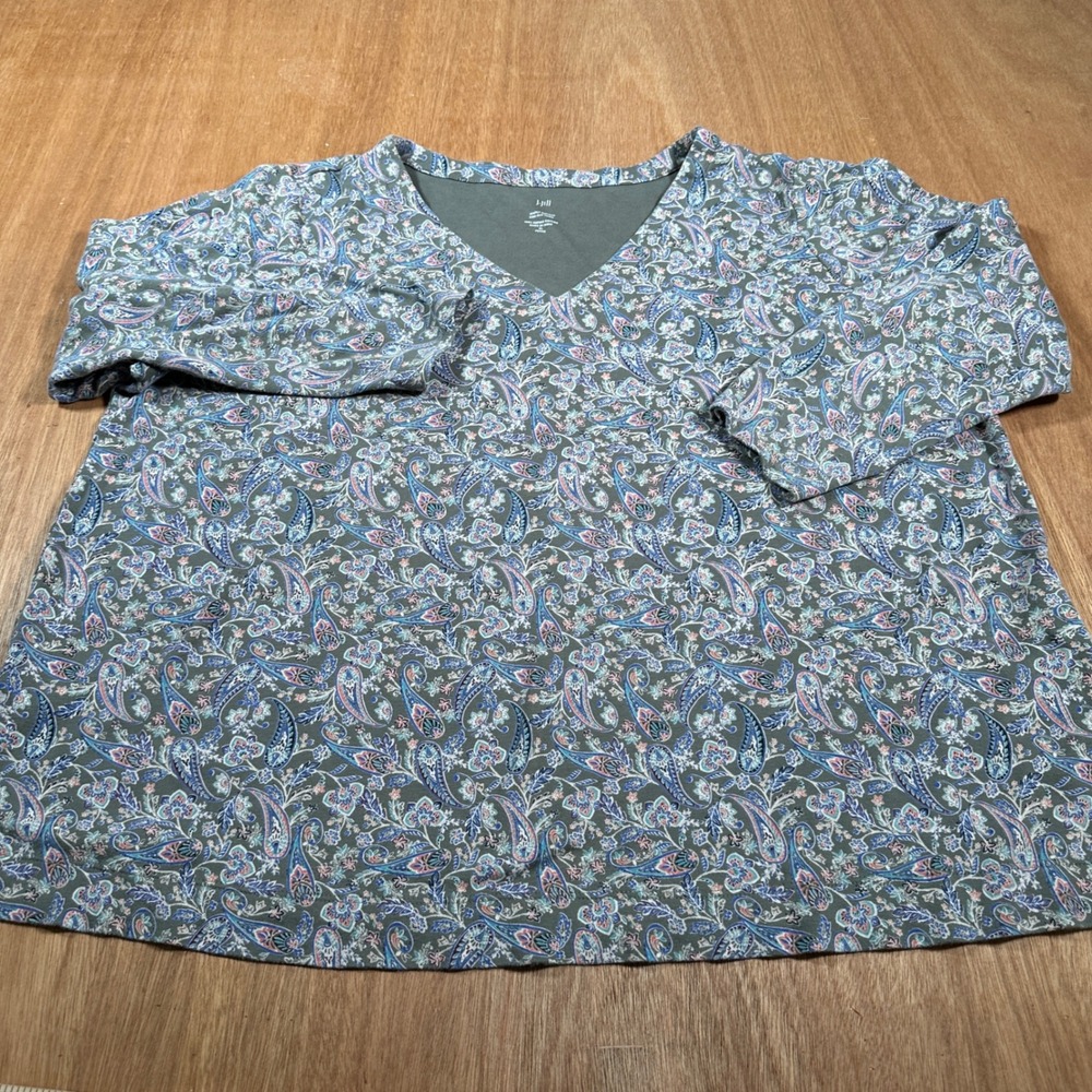 J. Jill Tunic Top Womens XL Petite Green Paisley Supima Cotton Side Slit V-Neck